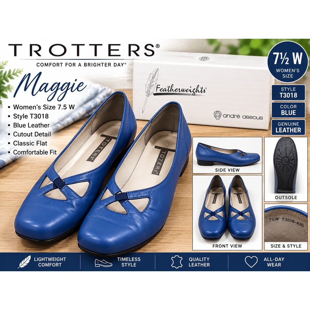 Trotters Maggie Blue Leather Cutout Flats Womens 7.5 W T3018 Featherweights